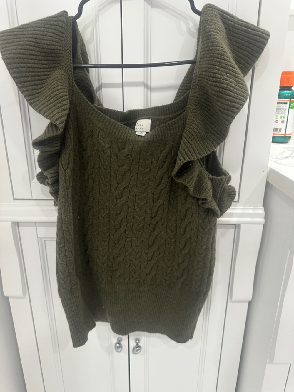 a new day Olive Green Cable-Knit Ruffle Off-Shoulder Sweater
